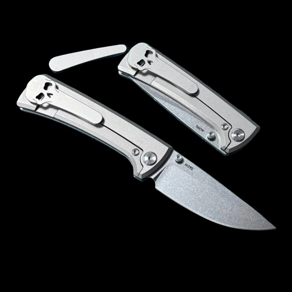 Chaves Knives RCK9 Folding Knife 3.25" M390 Satin Drop Point Blade, Stonewashed Titanium Handles