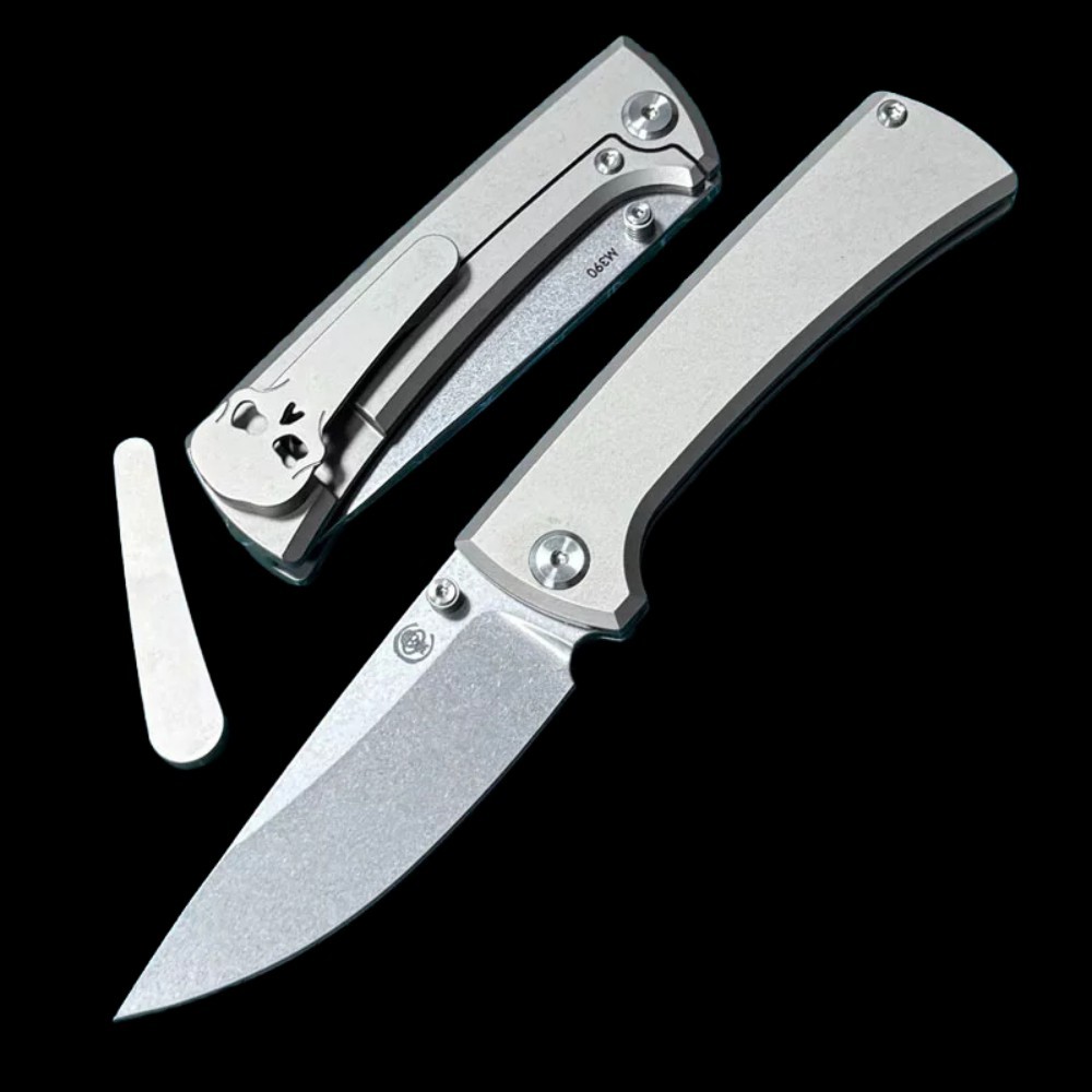 Chaves Knives RCK9 Folding Knife 3.25" M390 Satin Drop Point Blade, Stonewashed Titanium Handles