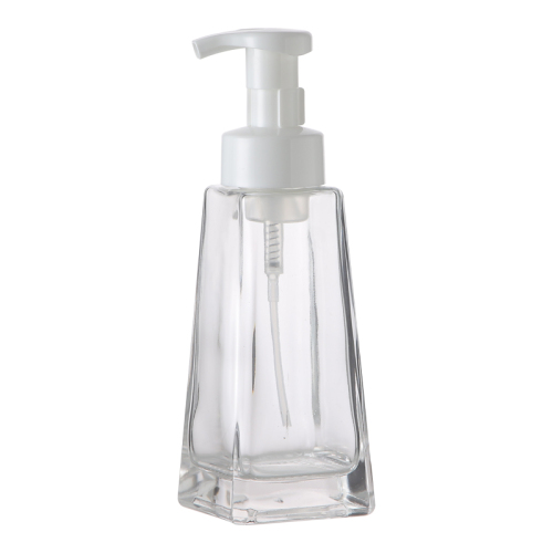 380ml/420g Square Cone Shape luxurious transparent glass bottle with white lotion pump cosmetic skin care Bottle