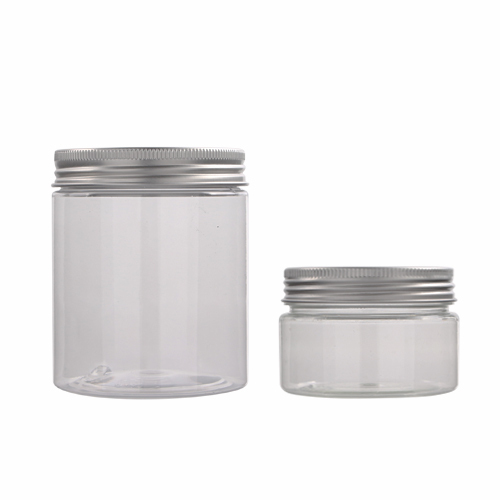 Customized transparent PET plastic cream jar cosmetic body scrub container with silver aluminum lid