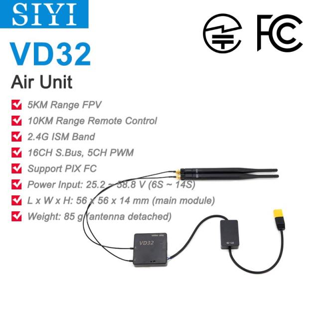 SIYI VD32 Air Unit 2.4G Receiver with Datalink Telemetry 480p FPV Compatible S.Bus PWM Control with VD32 AK28 VD28 Remote Conroller FCC and Japan MIC Certified