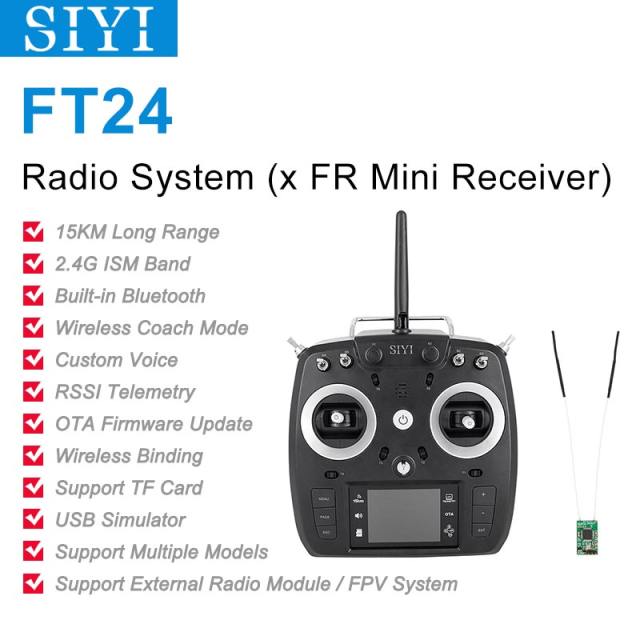 SIYI FT24 Transmitter 2.4G 15KM Long Range Radio System Remote Controller with Telemetry Bluetooth Mini Receiver Multiple Models Feature for RC Fixed Wing and Multirotors Drones