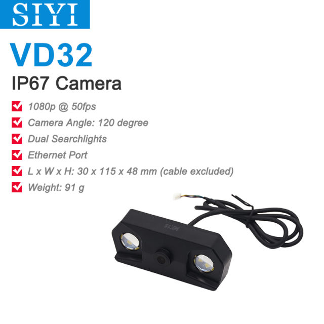 SIYI VD32 IP67 Camera Waterproof FPV Camera 720 30fps Fixed Focus Ethernet Port IP Camera with Dual Searchlights Compatible with AK28 VD32 VD28 Air Unit