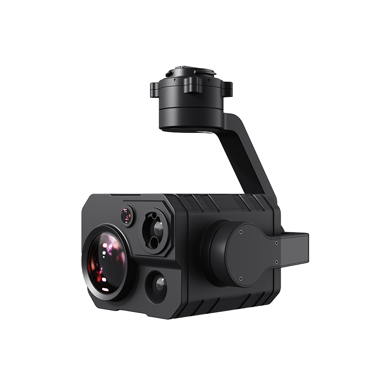 Close-up front view showing the zoom lens, wide-angle lens, thermal sensor, and laser rangefinder aperture