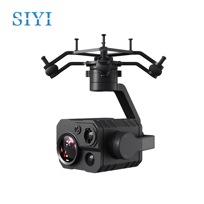 SIYI ZT30 four-sensor optical pod mounted on its quick-release anti-vibration claw, angled view showing the SIYI logo and lens cluster