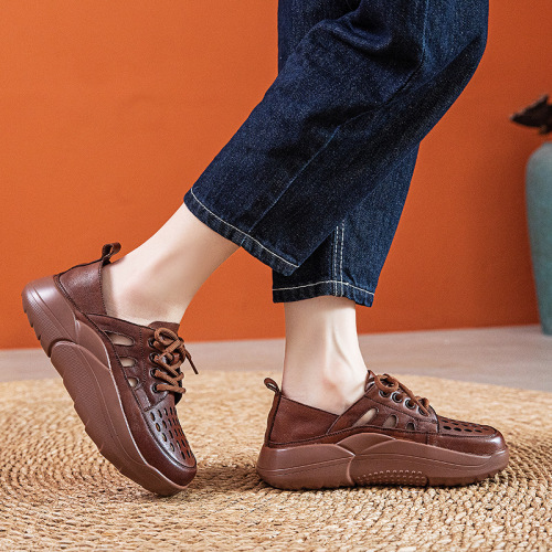 Summer 2022 new hollowed-out top layer cowhide single shoes lace-up sandals for women