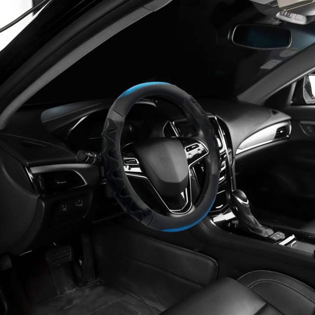 Sport Style Black Leather Steering Wheel Cover, with Breathable Grip Bright-Blue Stripe Steering Wheel Accessory,Universal Fit 14.5-15.25 inch Steering Wheel