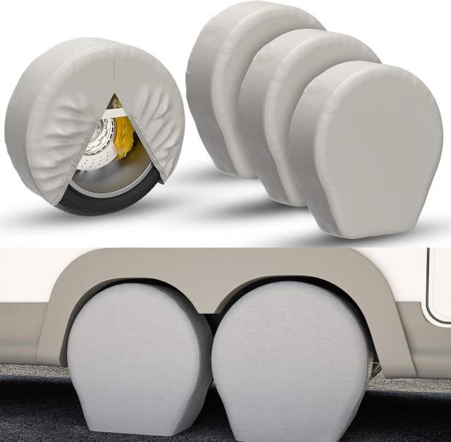 Tire Covers Set of 4 - Waterproof PU Leather Fit Tire Diameters 32"-34.75" Wheel Covers Protector for for Trailer, RV, Camper, Truck, SUV, Spare Tire Cover (Charcoal Grey)