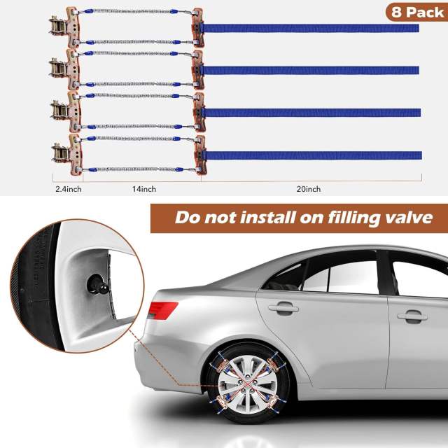 Snow Chains, Tire Chains for SUV Car Trucks, 8pcs Universal Adjustable Emergency Traction Chains for 205-265mm Tires Pickup Trucks, Snow Slope Muddy Icy Ground Sandy Anti Skid Chains