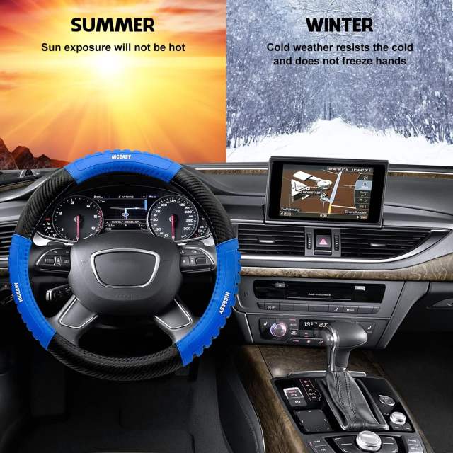 Sport Style Black Carbon-Fiber Steering Wheel Cover with Blue Strip Grip Steering Wheel Accessory,Universal Fit 14.5-15.25 inch Steering Wheel