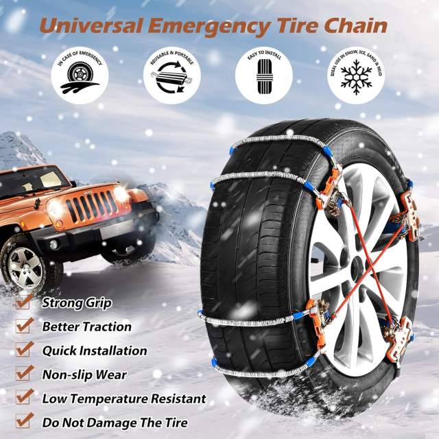 Snow Chains, Tire Chains for SUV Car Trucks, 8pcs Universal Adjustable Emergency Traction Chains for 205-265mm Tires Pickup Trucks, Snow Slope Muddy Icy Ground Sandy Anti Skid Chains
