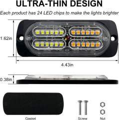 12-24V 24-LED Super Bright LED Emergency Strobe Lights Warning for Cars Trucks Vehicle SUV Caution Hazard Construction Waterproof Amber Strobe Bar with 32 Different Flashing- 4PCS (White Amber)