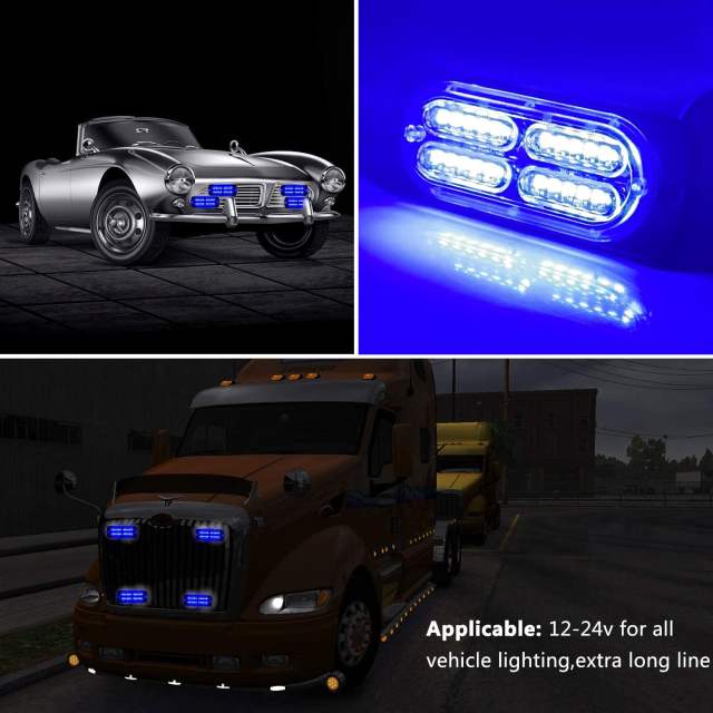 Led Warning Lights, 4pcs Emergency Warning Caution Hazard Construction Ultra Slim Sync Feature Car Truck with Main Control Box Surface Mount (Blue)