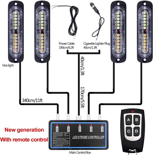 Led Strobe Lights for Trucks Vehicles Suvs,12-24v 4pcs Emergency Warning Caution Hazard Construction Slim Sync Feature Car with Main Control Surface Mount (White Amber)
