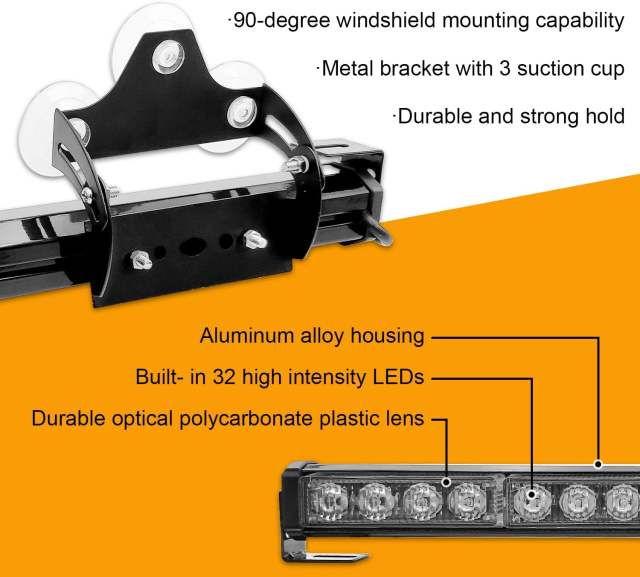 2 in 1 32 Inch 12-24V LED Emergency Strobe Lights for Trucks Vehicle Car Directional Warning Bar Plow Flash Traffic Safety for Rear Window Wiring Kit Cigar Lighter Installing(White Amber)