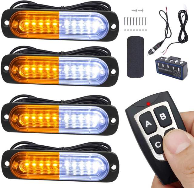 Led Strobe Lights for Trucks Vehicles Suvs,12-24v 4pcs Emergency Warning Caution Hazard Construction Slim Sync Feature Car with Main Control Surface Mount (White Amber)