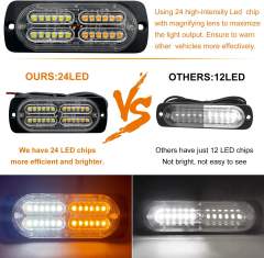 12-24V 24-LED Super Bright LED Emergency Strobe Lights Warning for Cars Trucks Vehicle SUV Caution Hazard Construction Waterproof Amber Strobe Bar with 32 Different Flashing- 4PCS (White Amber)
