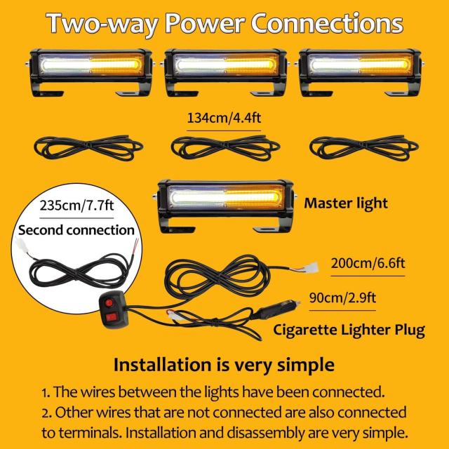 【2 Remote Switches】One for use and one for spare. For easy on/off and changing different strobe patterns."Button A" is control four lights on/off ，"Button B"is control another four lights on/off， and ,"Button C"is control all lights change flash mode,,"Bu