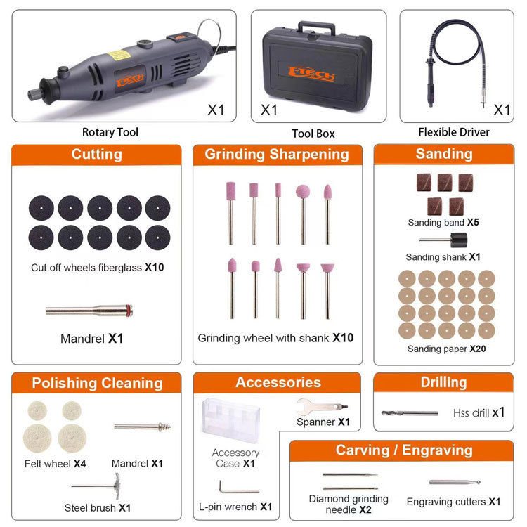 T-TECH Electric Rotary Tool 135W 10000-32000/min Die Grinder With 60 PCS Accessories  and Flex Shaft