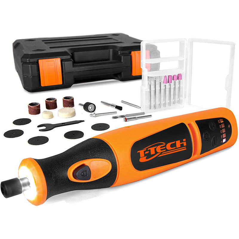 T-TECH 7.2V Lithium-ion Cordless Rotary Tool With 24pcs Accessories Variable Speed Die Grinder Wood Carving Bits