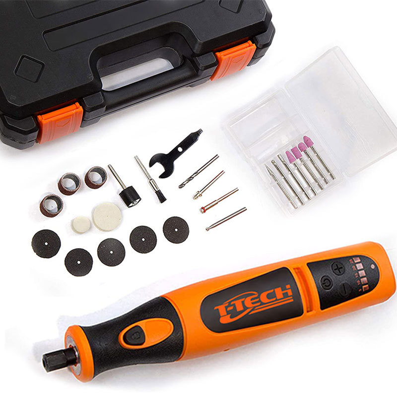 T-TECH 7.2V Lithium-ion Cordless Rotary Tool With 24pcs Accessories Variable Speed Die Grinder Wood Carving Bits