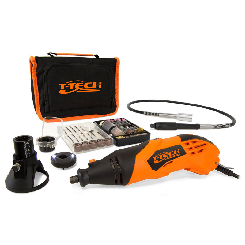 T-TECH 170W 126pcs Rotary Tool 8000-35000 rpm Die Grinder Bit With Cutting Guide, LED Collar, Flex Shaft