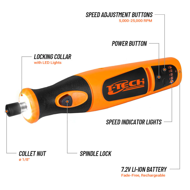 T-TECH 7.2V Lithium-ion Cordless Rotary Tool With 24pcs Accessories Variable Speed Die Grinder Wood Carving Bits