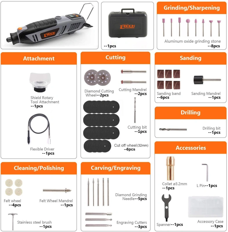 T-TECH 200W 10000-40000 rpm Rotary Tool With 61PCS Accessories, Flexible Shaft and Carring Case