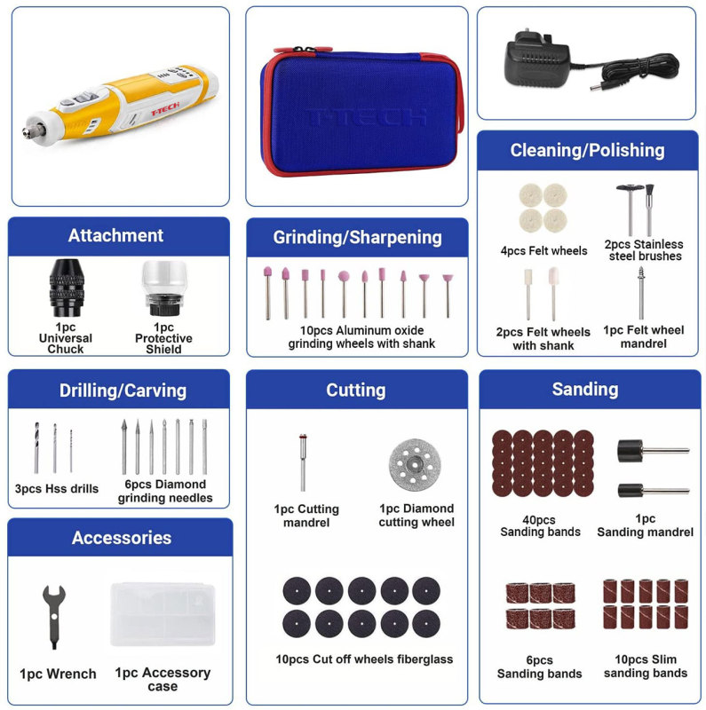 T-TECH 8V Mini Drill Grinder 5000-30000rpm With 101pcs Accessories Cordless Rotary Tool
