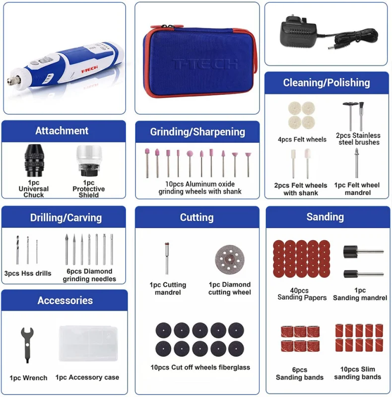 T-TECH 8V Mini Drill Grinder 5000-30000rpm With 101pcs Accessories Cordless Rotary Tool
