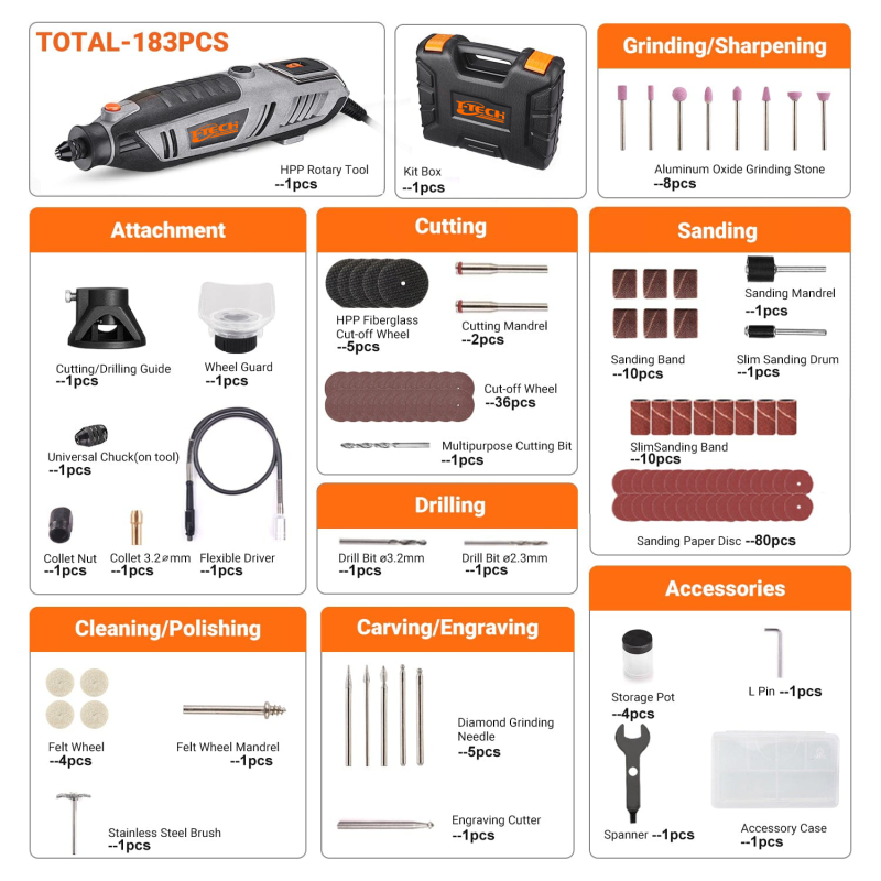 T-TECH 200W 183pcs Rotary Tool Kit 10000-40000rpm Electric Mini Grinder With Flexible Shaft