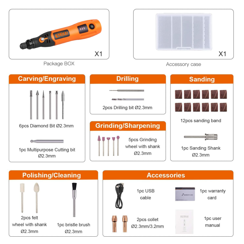 T-TECH 3.7V Cordless Rotary Tool USB Charging Mini Grinder With 31pcs Accessories