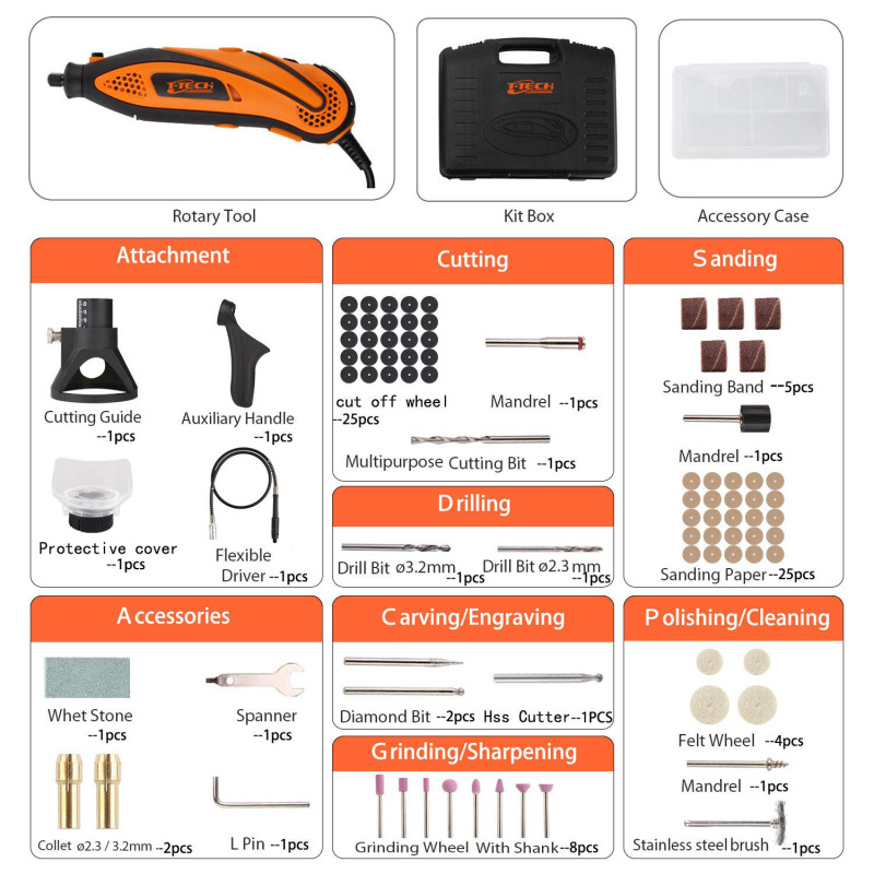 T-TECH OEM 135W Rotary Tool Variable Speed Grinder Die Mini Tools With 82pcs Accessories and Flex Shaft