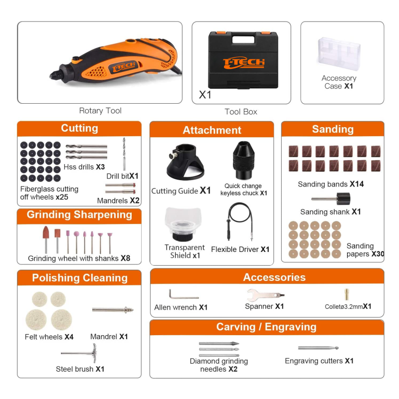 T-TECH 135W Rotary Tool 10000-32000rpm Electric Die Grinder With 105pcs Accessories And Flex Shaft