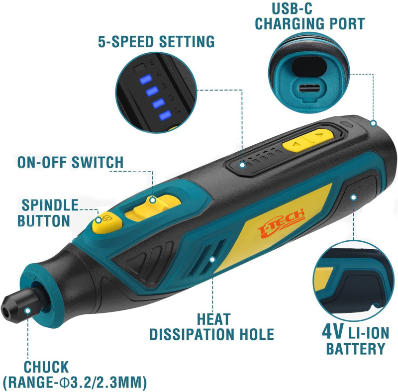 T-TECH OEM 4V Cordless Mini Grinder 5000-25000/min Li-ion Battery USB Charging Engraver Pen