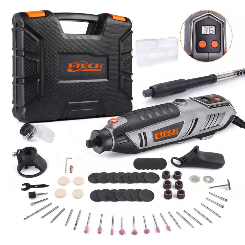 T-TECH 200W 10000-40000 rpm Rotary Tool With 61PCS Accessories, Flexible Shaft and Carring Case