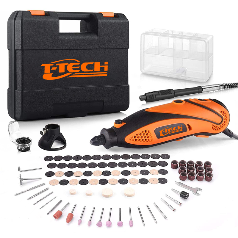 T-TECH 135W Rotary Tool 10000-32000rpm Electric Die Grinder With 105pcs Accessories And Flex Shaft