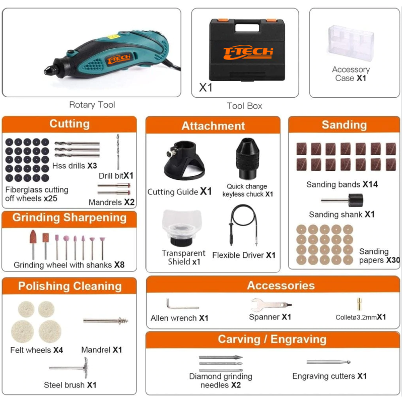 TITECH OEM 135W Rotary Tool 10000-32000rpm Electric Die Grinder with 105pcs Accessories