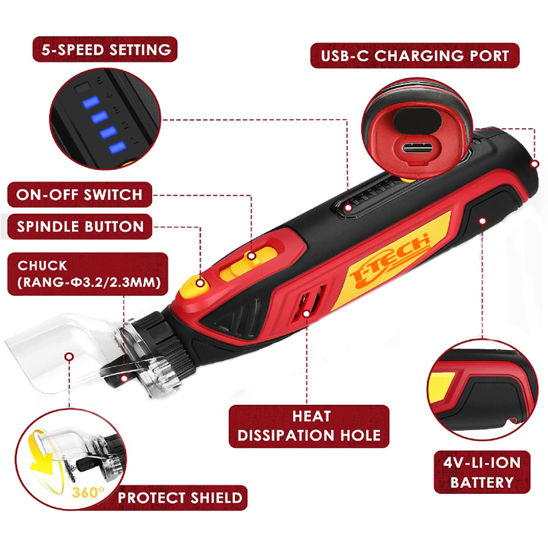 T-TECH 4V Cordless Rotary Tool 5000-25000rpm USB Charging DIY Craft Tool