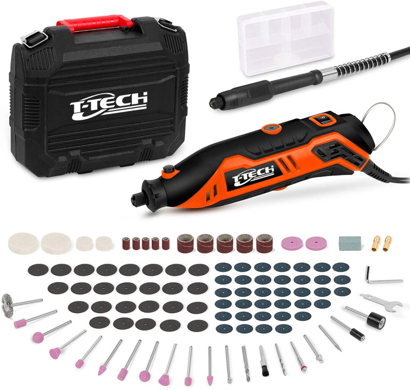 T-TECH 130W Mini Drill Rotary 10000-35000rpm 107 Accessories Set with Flexible Shaft