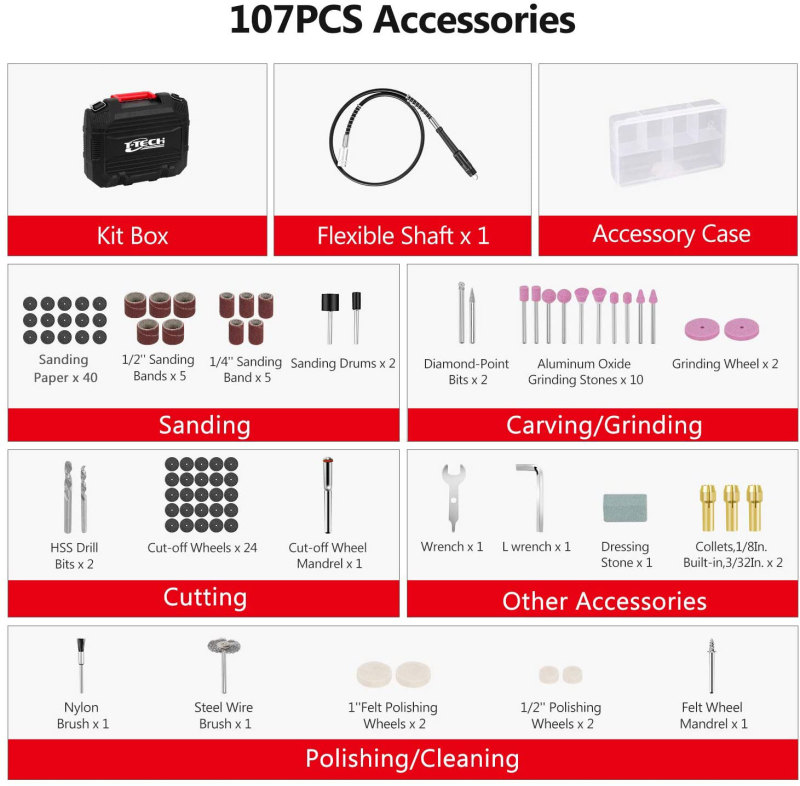 T-TECH 130W Mini Drill Rotary 10000-35000rpm 107 Accessories Set with Flexible Shaft