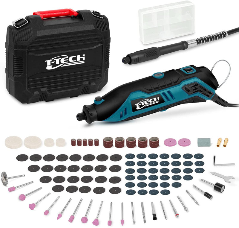 T-TECH 130W Mini Drill Rotary 10000-35000rpm 107 Accessories Set with Flexible Shaft
