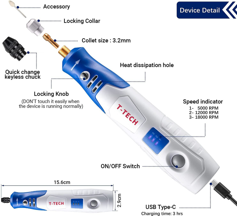T-TECH 3.7V Mini Cordless Rotary Tool Li-ion Battery 5000-18000rpm USB Cordless Mini Grinder For Wood