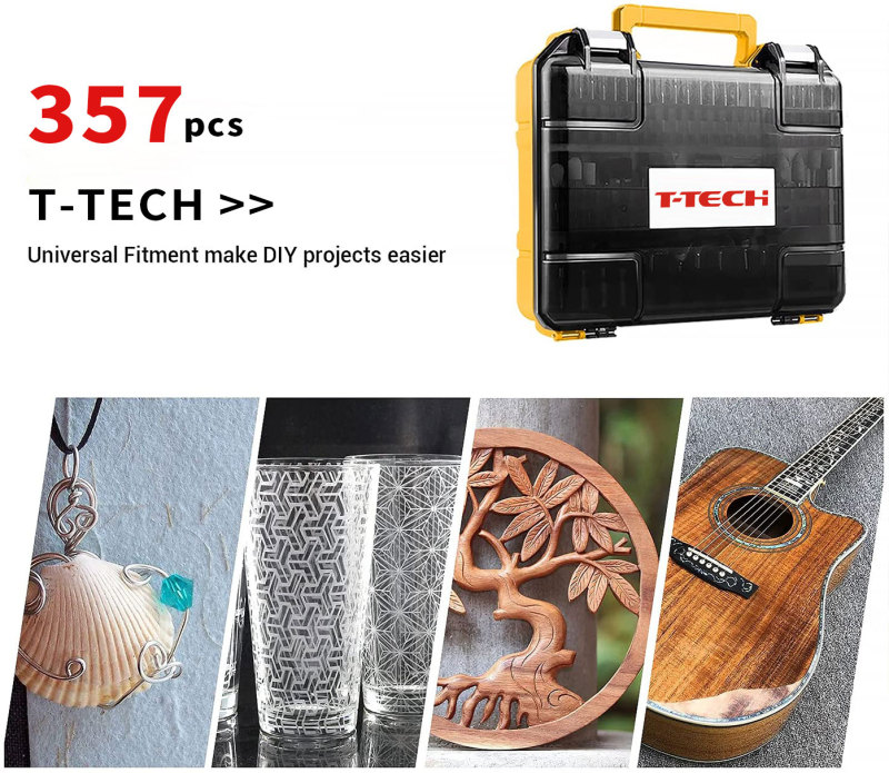 T-TECH 357PCS Rotary Tool Accessory Kit for Cutting, Sanding, Grinding, Sharpening, Carving, Drilling and Engraving