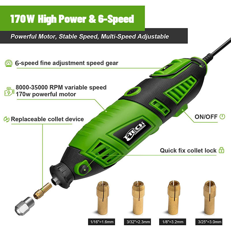 T-TECH 170W Electric Rotary Tool 120-220V 139PCS 8000-35000RPM Variable Speed Engraver Electric Mini Grinder