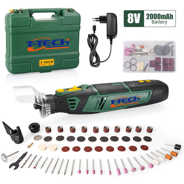 T-TECH 8V Cordless Rotary Tool Kit 58PCS 2000mAh Lithium Battery Variable Speed Mini Drill Grinder