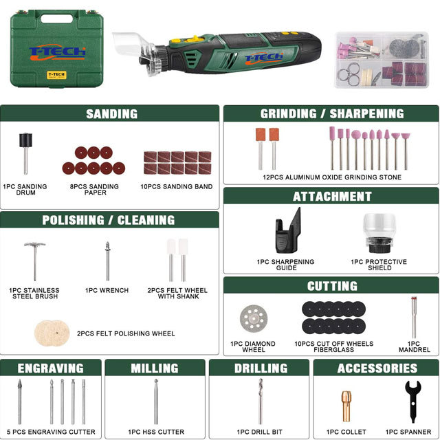 T-TECH 8V Cordless Rotary Tool Kit 58PCS 2000mAh Lithium Battery Variable Speed Mini Drill Grinder