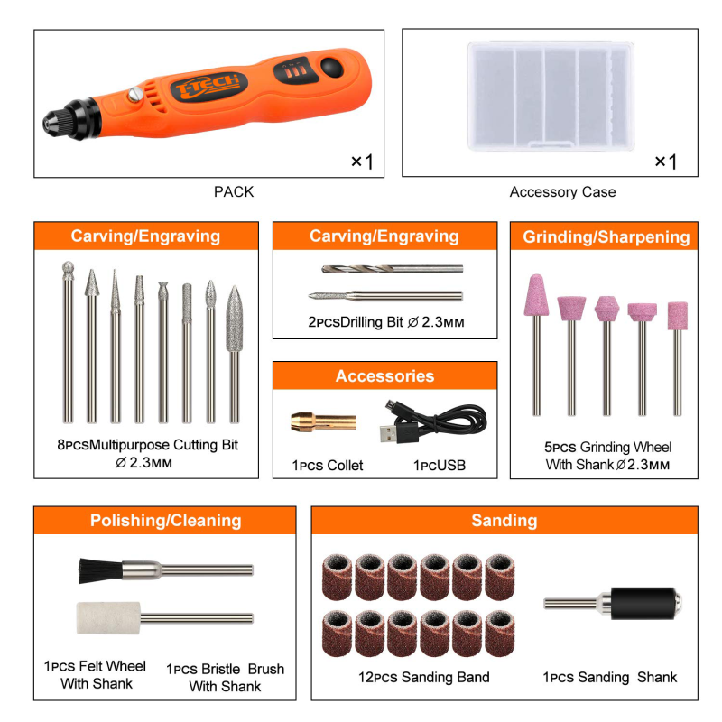 T-TECH 3.7V mini grinder set 5000-15000RPM 600mAh Li-ion DIY Wood Jade Carving Cordless Engraver Pen