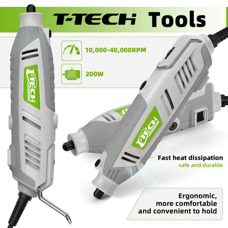 T-TECH 200W Rotary Tool with 61pcs Accessories 10000-40000rpm Electric Grinder Tool