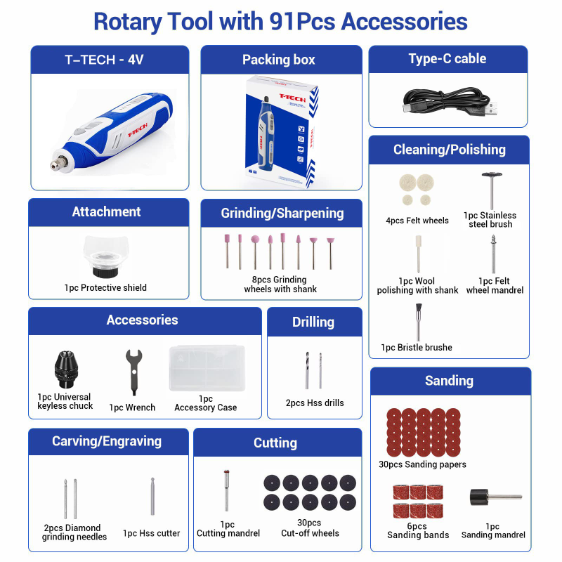 T-TECH 4V Cordless Mini Rotary Tool 5-Speeds 25000RPM USB-C Charging 91Pcs Accessories Mini Grinder